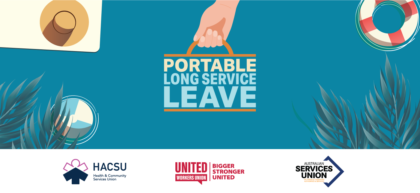 A banner campaigning for portable long service leave, with the logos of HACSU, the United Workers Union, and the Australian Services Union